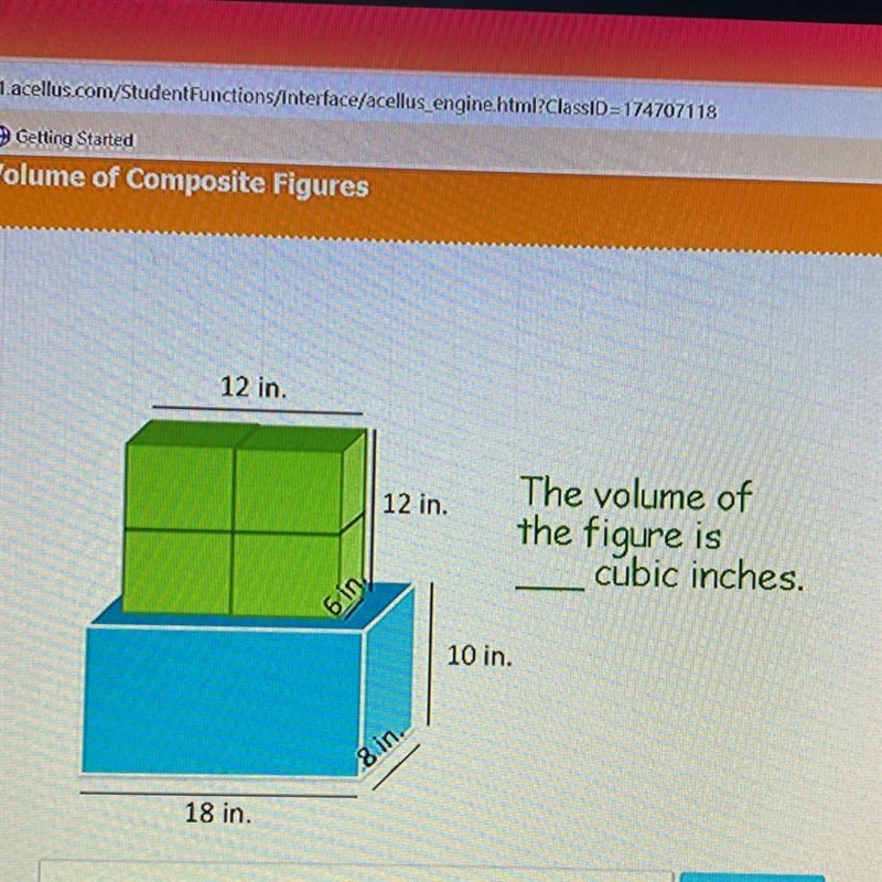 12 in. 12 in. The volume of the figure is cubic inches. 6 in 10 in. 8 in. 18 in.-example-1