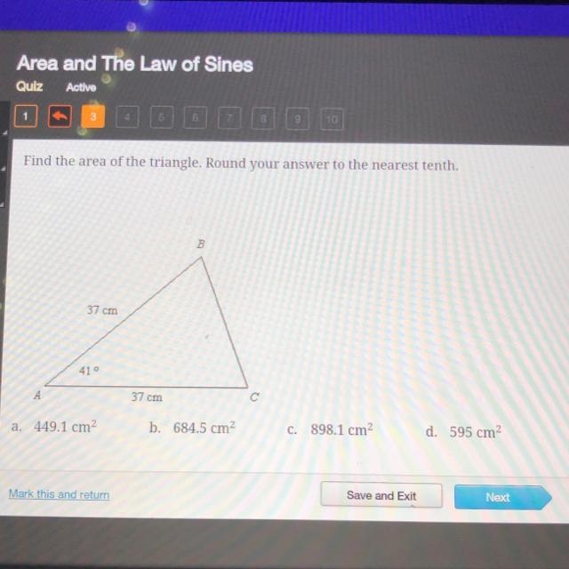 Find the area of the triangle. Round your answer to the nearest tenth. B 37 cm 410 А-example-1