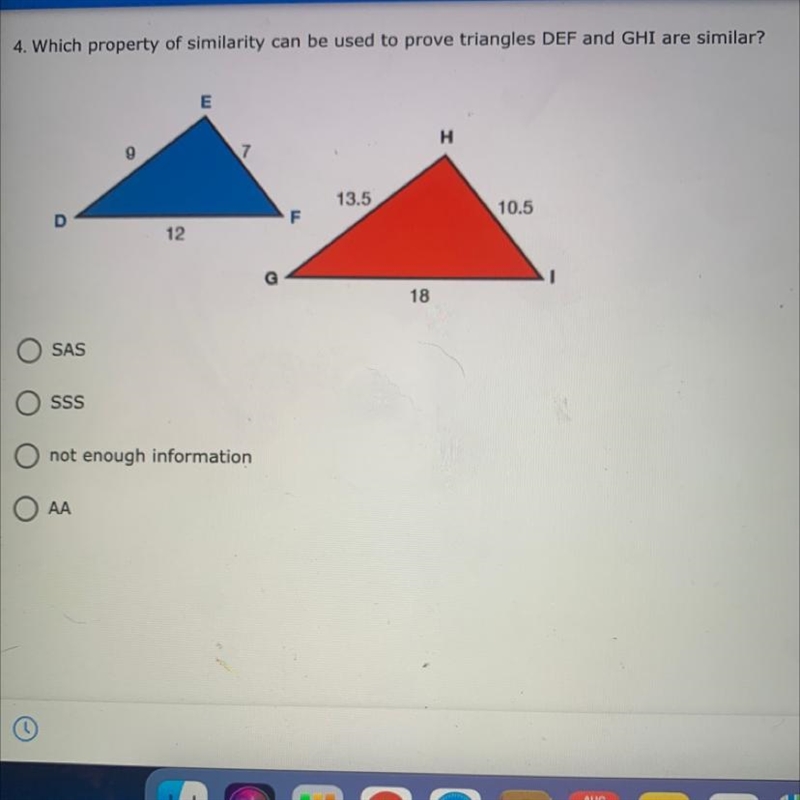 4. Which property of similarity can be used to prove triangles DEF and GHI are similar-example-1