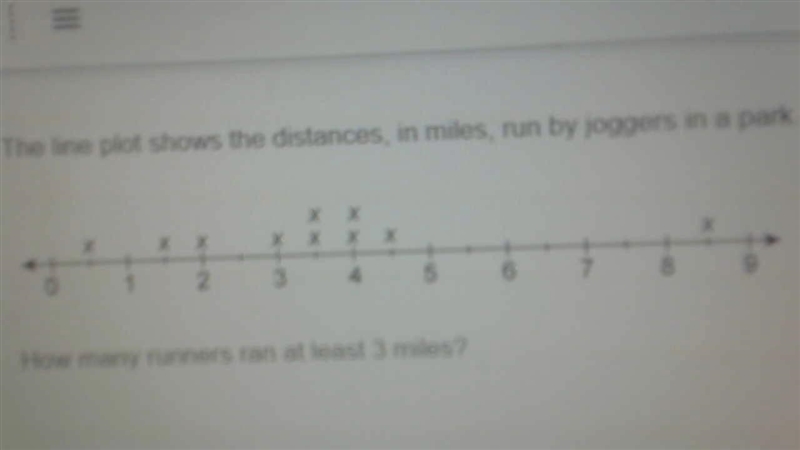 The line plot shows the distances, in miles, run by joggers in a park. --------------------------------- A-example-1