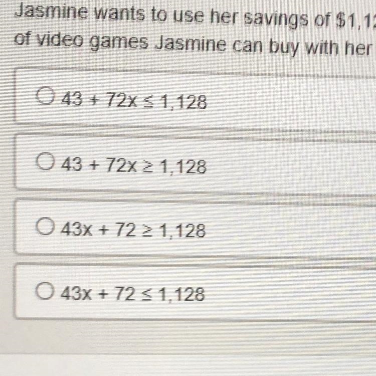 Jasmine wants to use her savings of $1,128 to buy video games and movies. The total-example-1