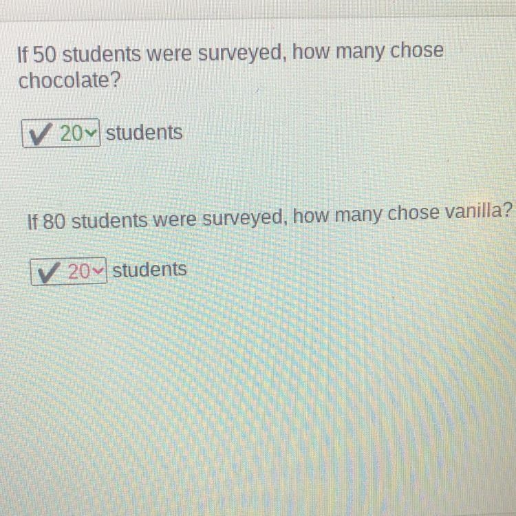 If 50 students were surveyed, how many chose chocolate? V 20 students If 80 students-example-1