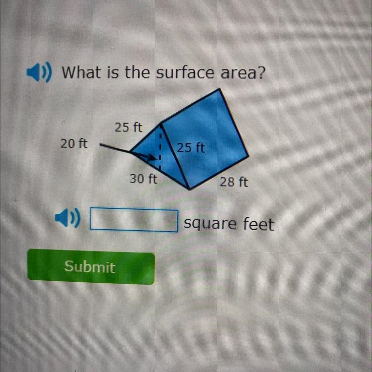 What is the surface area? 25 ft 20 ft 25 ft 30 ft 28 ft )) square feet Submit-example-1