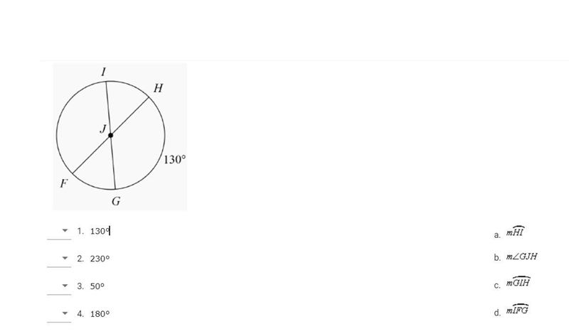 Match the arc or central angle to the correct measure based on the figure below.-example-1