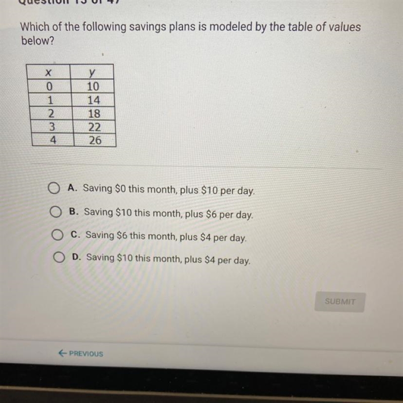 Which of the following savings plans is modeled by the table of values below? .-example-1