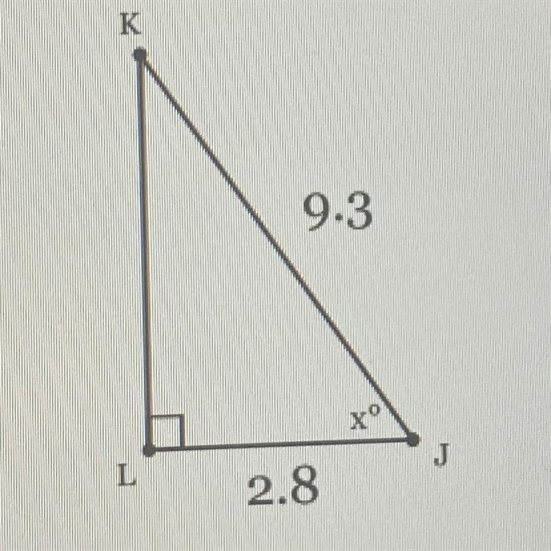 In AJKL, the measure of L=90°, LJ = 2.8 feet, and JK = 9.3 feet. Find the measure-example-1