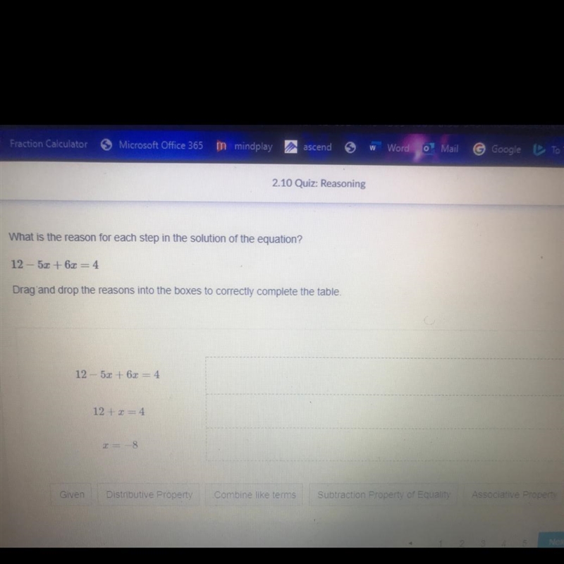 What is the reason for each step in the solution of the equation 12-5x+6x=4-example-1