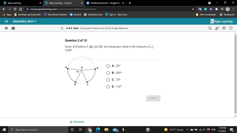 Given circle O below, if arc AB and arc CD are congruent, what is the measure of angle-example-1