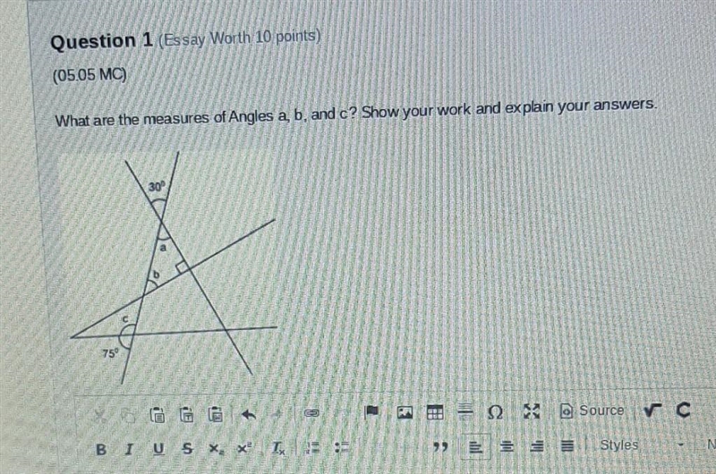 What are the measures of angles A,B and C? show your work and explain your answers-example-1