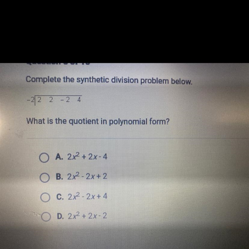 Complete the synthetic division problem below.-example-1