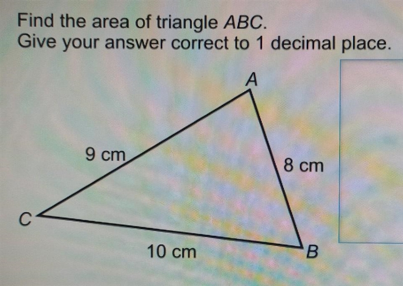 Find the area of triangle ABC. Give your answer correct to 1 decimal place. A 9 cm-example-1