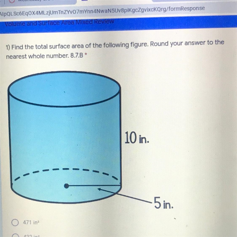 1) Find the total surface area of the following figure. Round your answer to the nearest-example-1