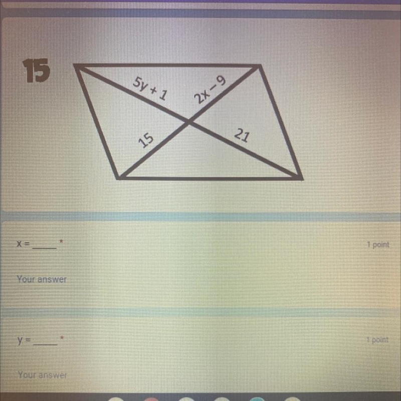 Find the value of x and y in each parallelogram shown below.-example-1