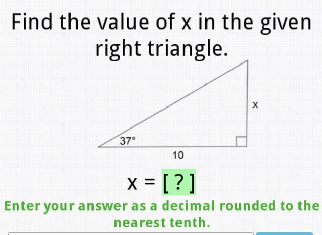 Find the value of x in the given right triangle-example-1