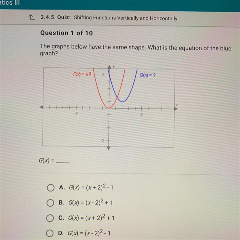 The graphs below have the same shape. What is the equation of the blue graph?-example-1