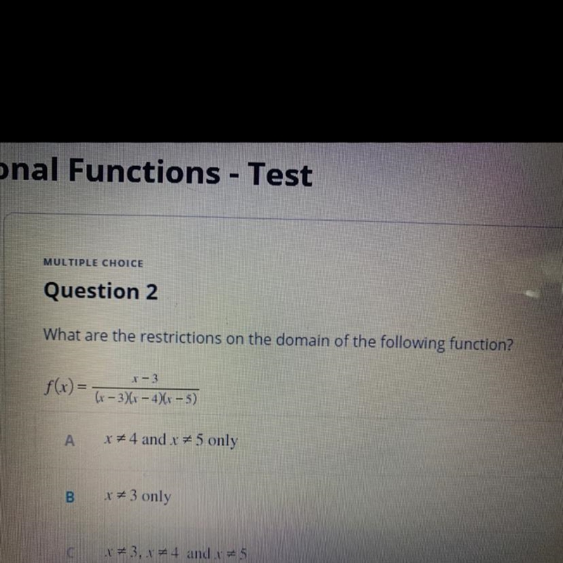 What are the restrictions on the domain of the following function? f(x)=x-3/(x-3)(x-example-1