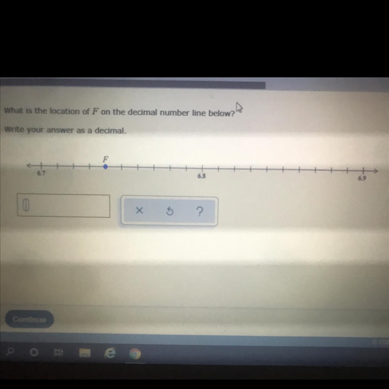 What is the location of F on the decimal number line below? Write your answer as a-example-1