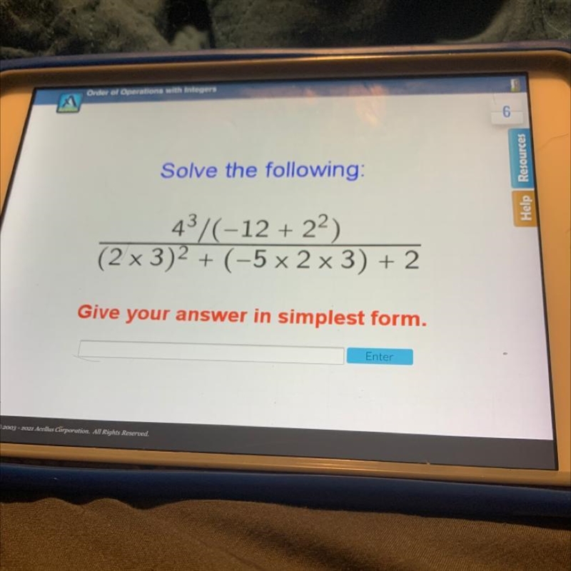 Solve the following: 43/(-12 + 22) (2x3)2 + (-5x2x3) + 2 Give your answer in simplest-example-1