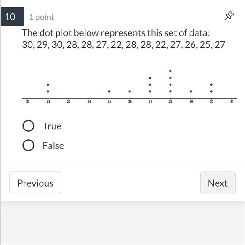 The dot plot below represents this set of data: 30, 29, 30, 28, 28, 27, 22, 28, 28, 22, 27, 26, 25, 27-example-1