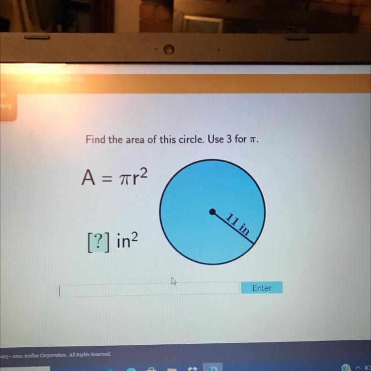 Find the area of this circle please…Use 3 for pi….Thanks-example-1