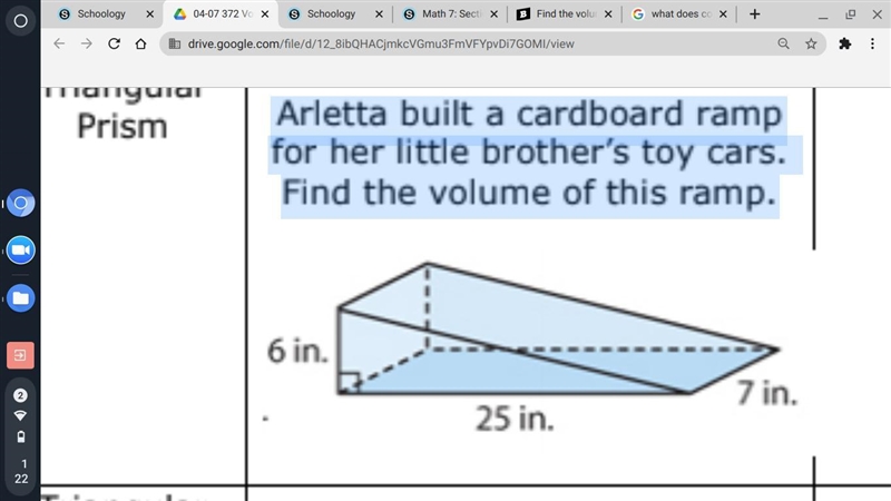 Arletta built a cardboard ramp for her little brother’s toy cars. Find the volume-example-1