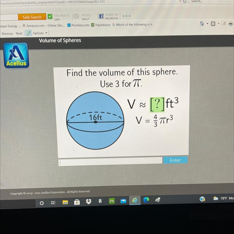 Find the volume of this sphere. Use 3 for T.-example-1