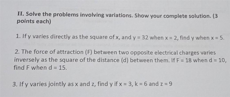 II. Solve the problems involving variations. Show your complete solution. (3 points-example-1