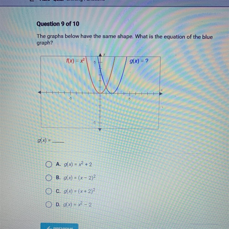 The graphs below have the same shape. What is the equation of the blue graph? g(x-example-1