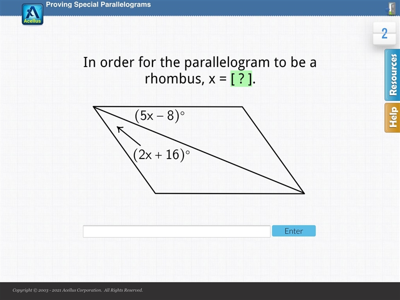 In order for the parallelogram to be a rhombus, x=?-example-1