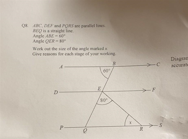 Q8. ABC DEF and PQRS are parallel lines BEQ is a straight line work out the angle-example-1