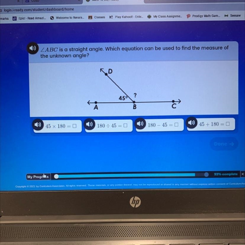 ZABC is a straight angle. Which equation can be used to find the measure of the unknown-example-1