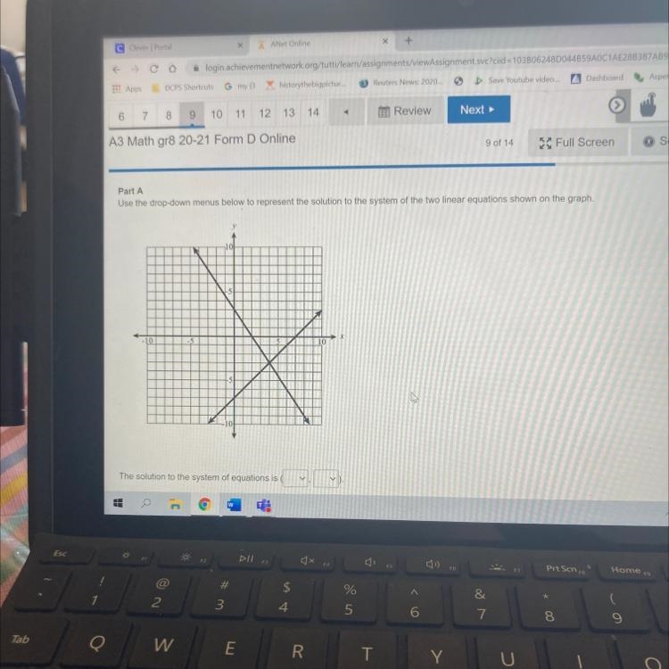 Use the drop down menus to represent the solution to the system of the two linear-example-1