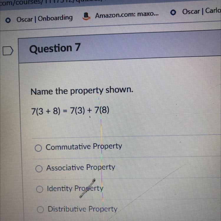 Name the property shown. 7(3 + 8) = 7(3) + 7(8) O Commutative Property Associative-example-1