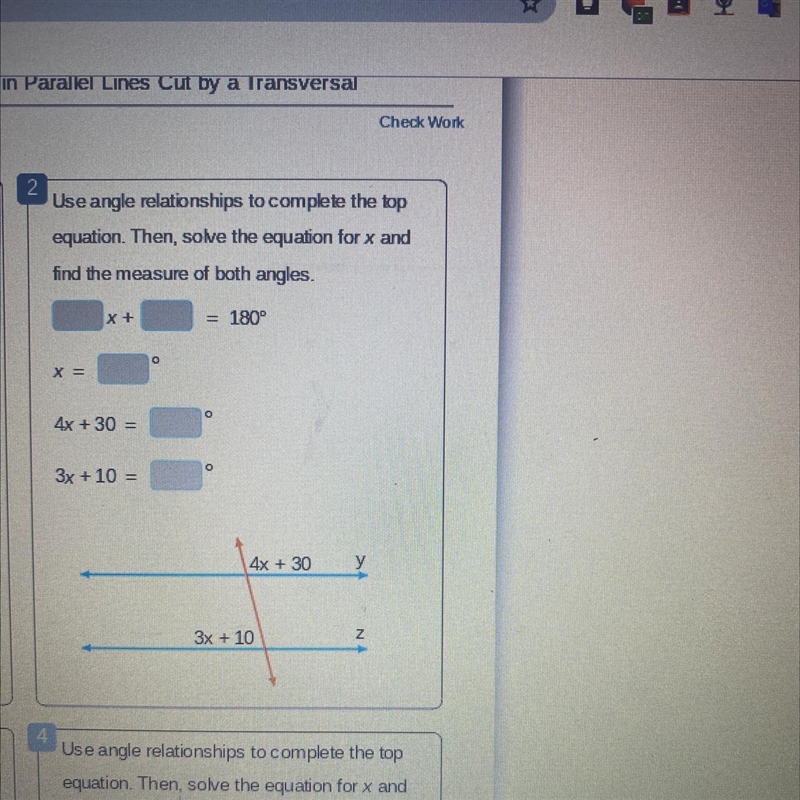 Use angle relationships to complete the top equation. Then, solve for x and find the-example-1