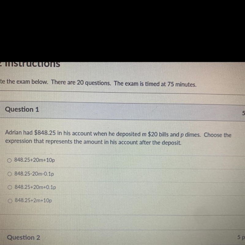 Adrian had $848.25 in his account when he deposited m $20 bills and p dimes. Choose-example-1