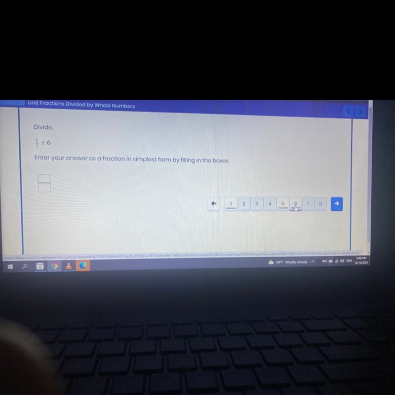 Divide 1/7 divided by 6 |__| Enter your answer as a fraction in simplest form by filling-example-1