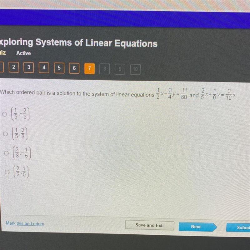 PLEASE HELP FAST!!! 3 11 2 Which ordered pair is a solution to the system of linear-example-1