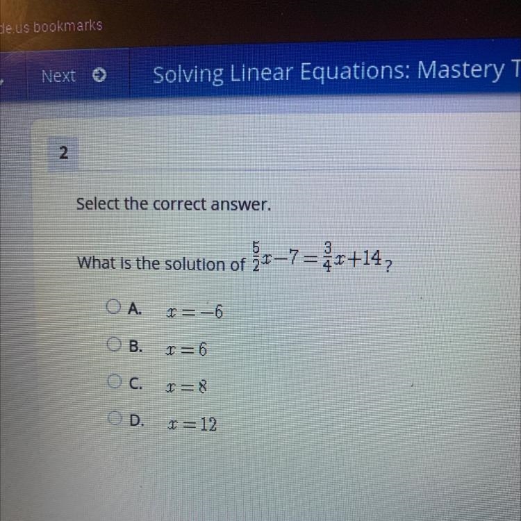 What is the solution of 5/2x-7=3/4x+14-example-1