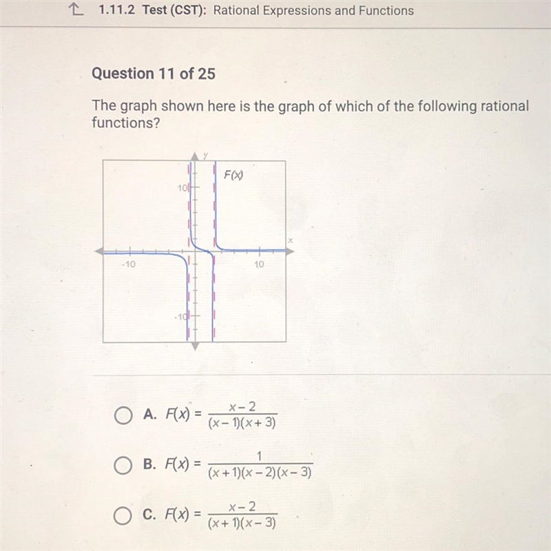 The graph shown here is the graph of which of the following rational functions O A-example-1