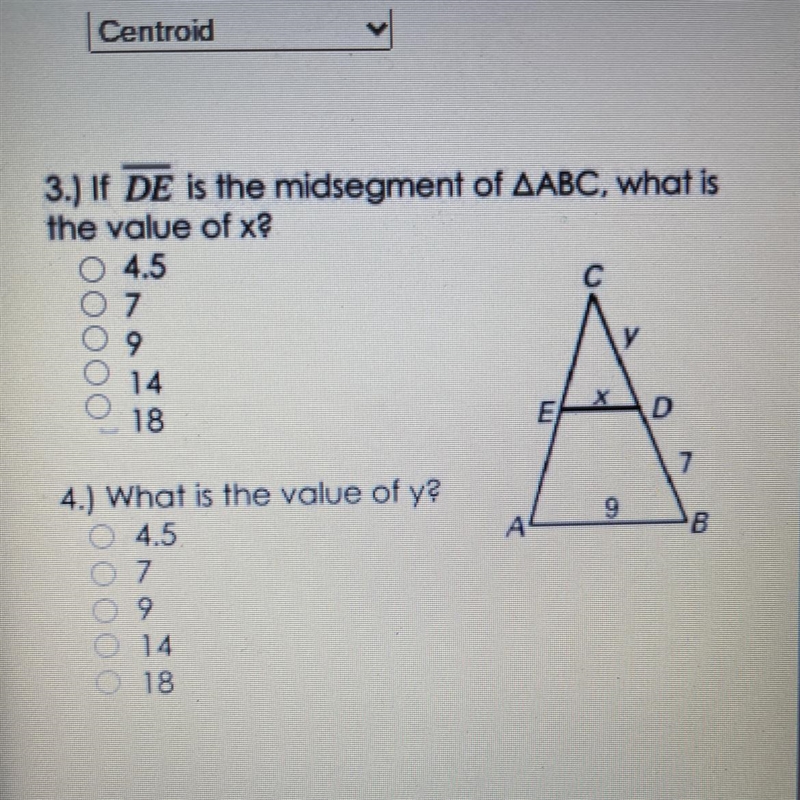 If DE is the midsegment of ABC what is the value of x AND y?-example-1