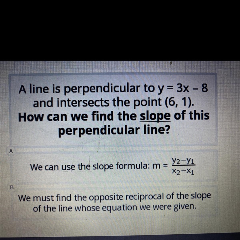 A line is perpendicular to y=3x-8 and intersects the point (6,1). How can we find-example-1