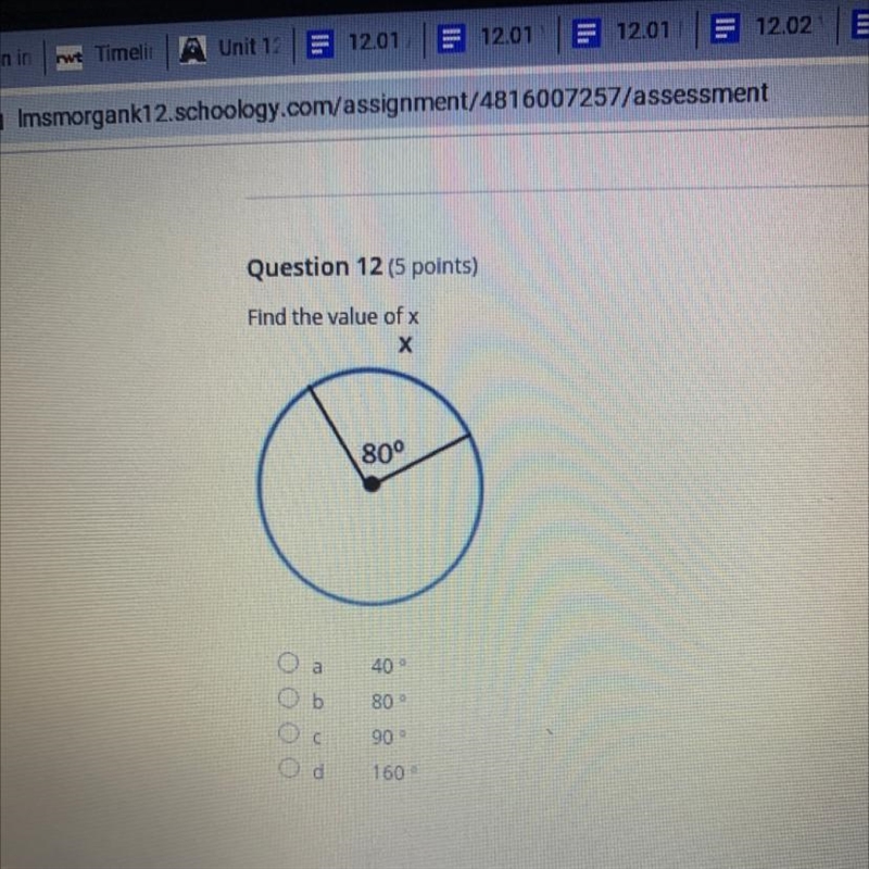 Find the value of x A. 40 degrees B. 80 degrees C. 90 degrees D. 160 degrees-example-1