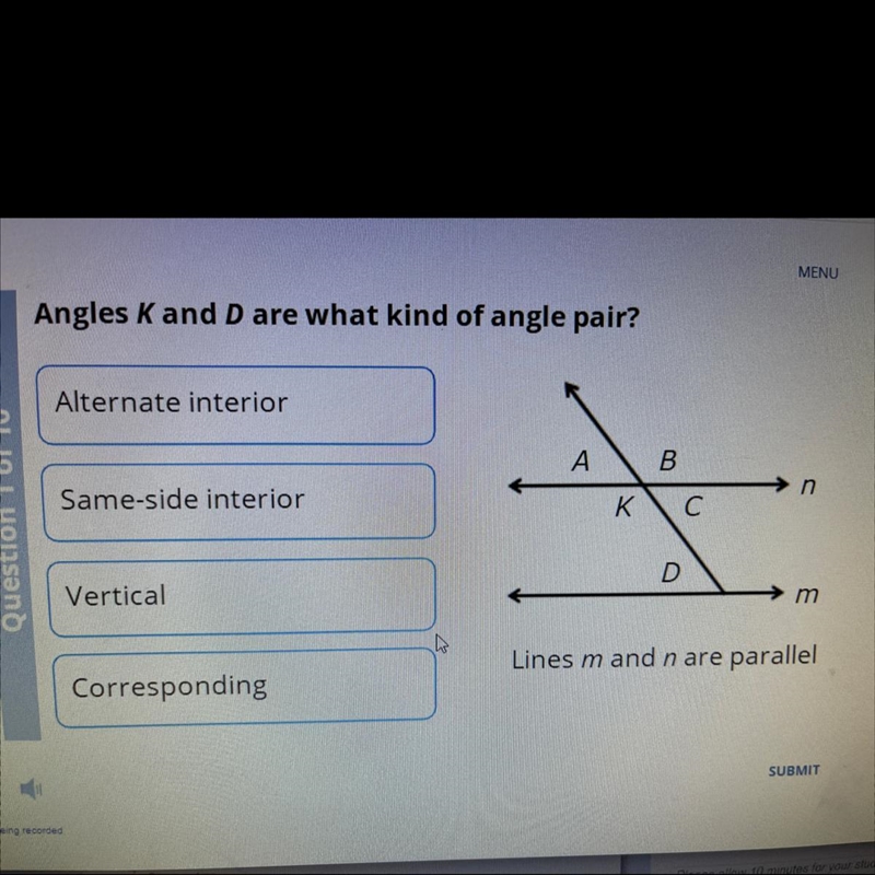 Angles K and D are what kind of angle pair?-example-1