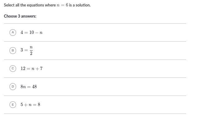 Select all the equations where n=6n=6n, equals, 6 is a solution.-example-1