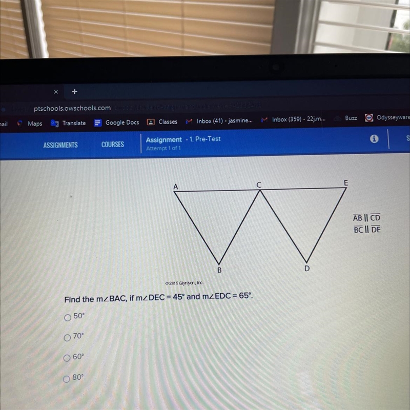 E AB || CD BC II DE B D 2015 Glynyon, Inc. Find the mZBAC, if ZDEC = 45° and mZEDC-example-1