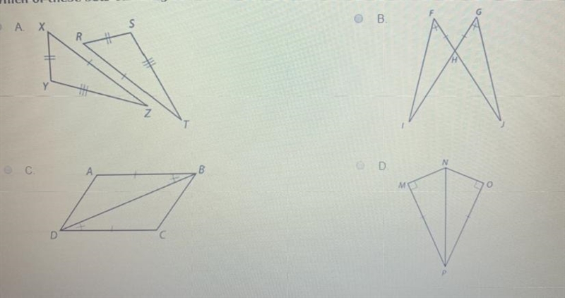 Which of these sets of triangles are congruent according to the hypotenuse leg congruency-example-1