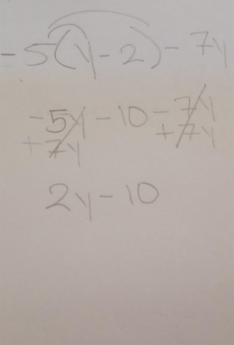 Which is a simplified form of the expression -5(y – 2) – 7y? A. -12y + 10 B. 2y - 10 C-example-1