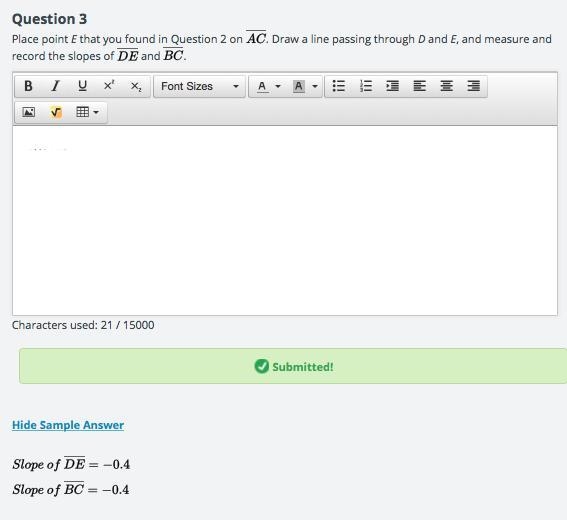 AE = x=4.875, and EC = 13-4.875 = 8.125. If I place point E at a distance of 4.875 units-example-1