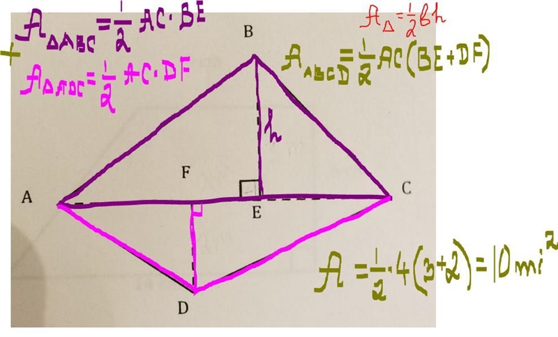 AC = 4 miles, BE = 3 miles and FD = 2 miles What is the area of this quadrilateral-example-1