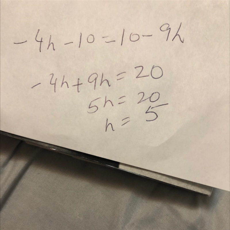 Solve for h. -4h - 10 = 10 - 9h h = |-example-1